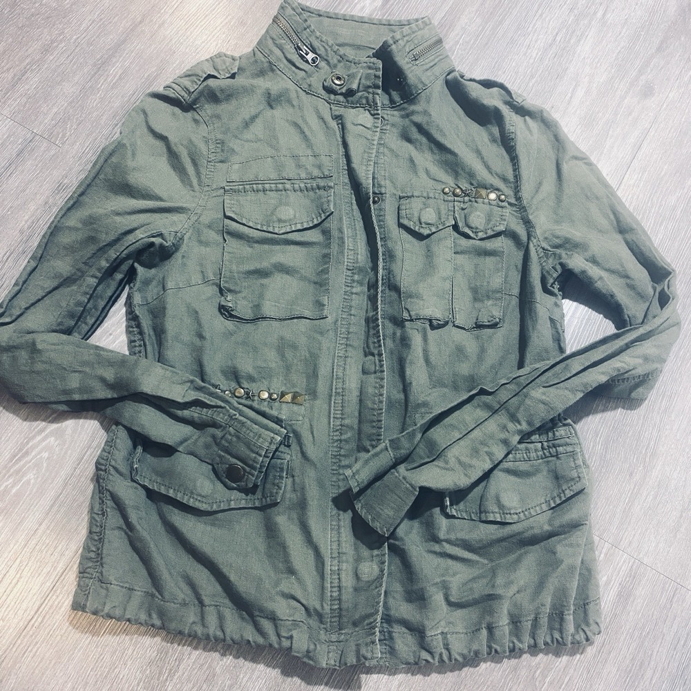 Free People Military Zip Up Button Up Jacket Lightweight Pockets Studded‎ Size 6